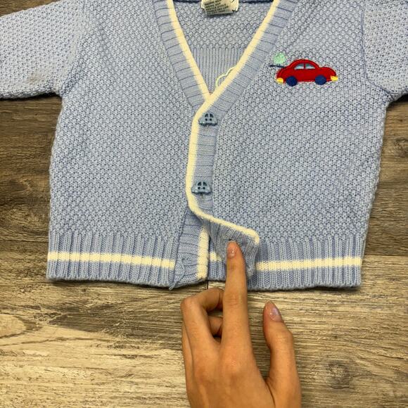 Vintage 80s 90s Chemise Lacoste Car Tree Blue White Babies 18M Cardigan Sweater - Picture 5 of 10